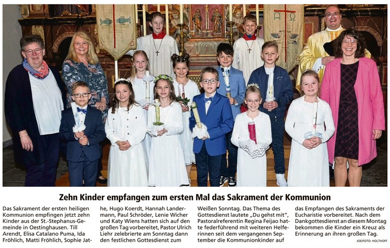 -Zehn Kinder empfangen zum ersten Mal das Sakrament der Kommunion, Soester Anzeiger vom 15.04.2024